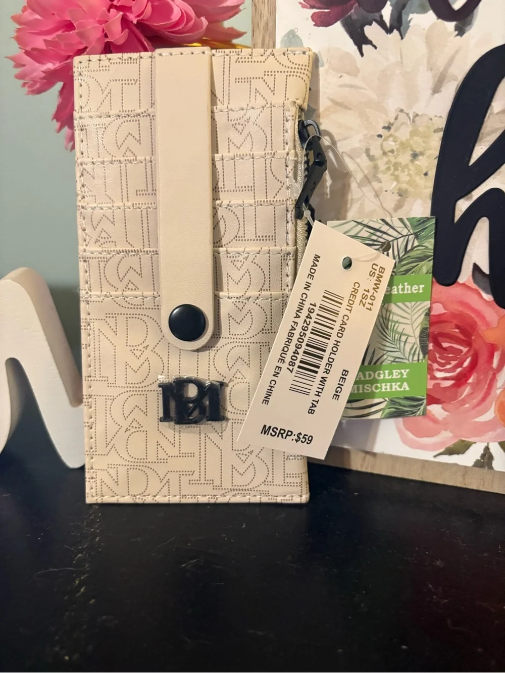 Badgley Mischka Beige Monogram Wallet with Button Strap